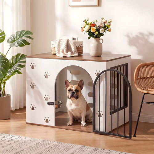 Cage-niche en bois blanc avec 2 gamelles inox